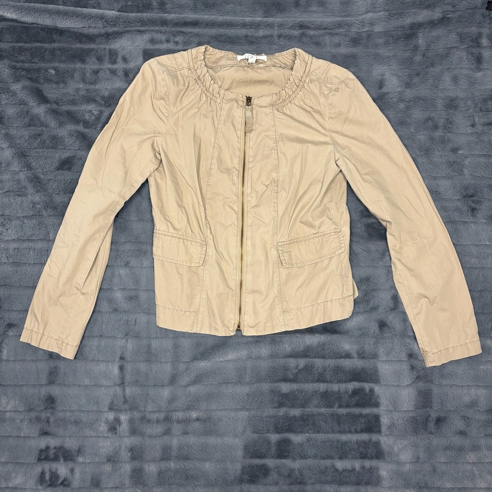 Ann Taylor LOFT Womens Tan Khaki Cotton Full Zip Peplum Back Jacket Size Small